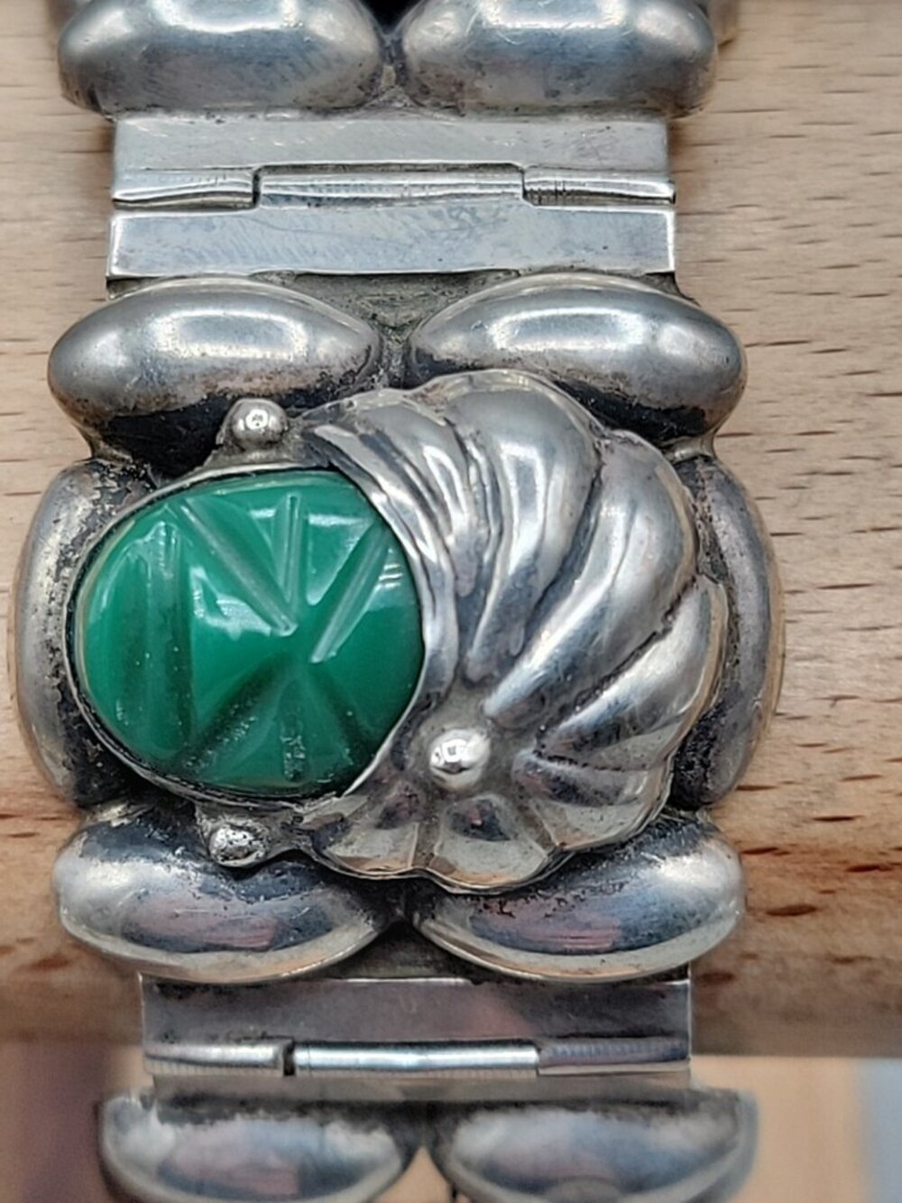 VTG Rancho Alegre Taxco 925 Green Onyx 5-Face Portrait Panel Bracelet 60.67g 7" - Picture 11 of 16